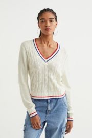 V-neck Cable-knit Sweater - Creambright blue - Ladies HampM US at H&M